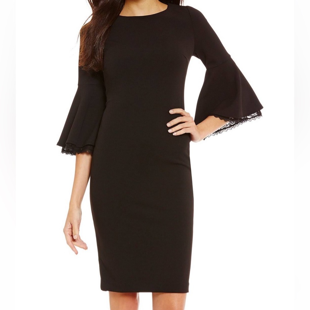Calvin Klein Size 2 Black Dress Bell Sleeves/Lace Underlay Gold Zipper Cocktail
